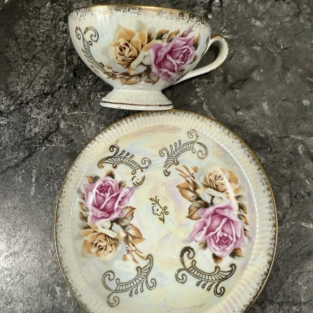 Vintage Inarco Japan Teacup Saucer Roses Gold Trim Lusterware Iridescent Rainbow
